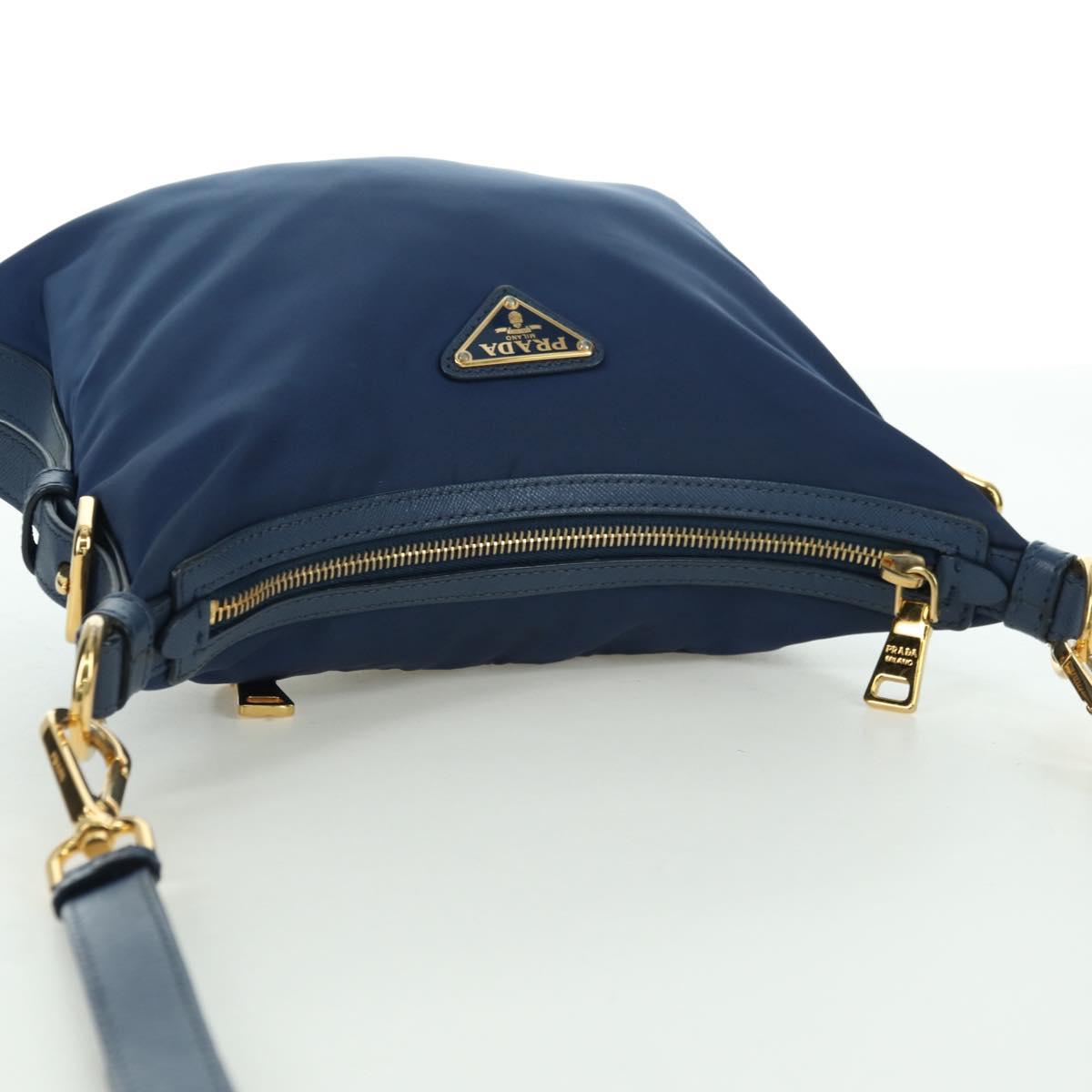 PRADA Shoulder Bag Nylon Leather Blue Gold Auth ARZ849A