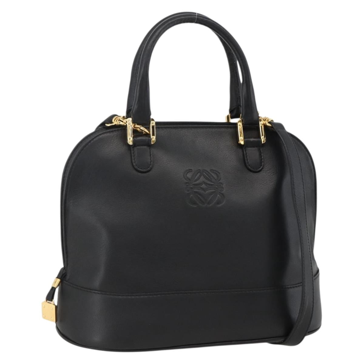 LOEWE Anagram Hand Bag Leather 2way Black Gold Auth ARZ855