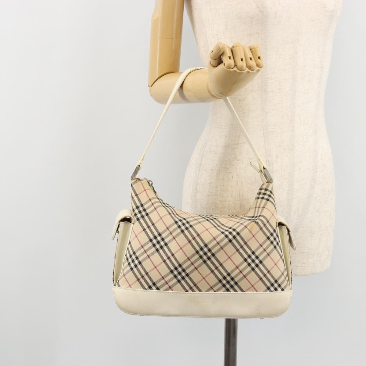 BURBERRY Nova Check Shoulder Bag Canvas Leather Beige Silver Auth ARZ872