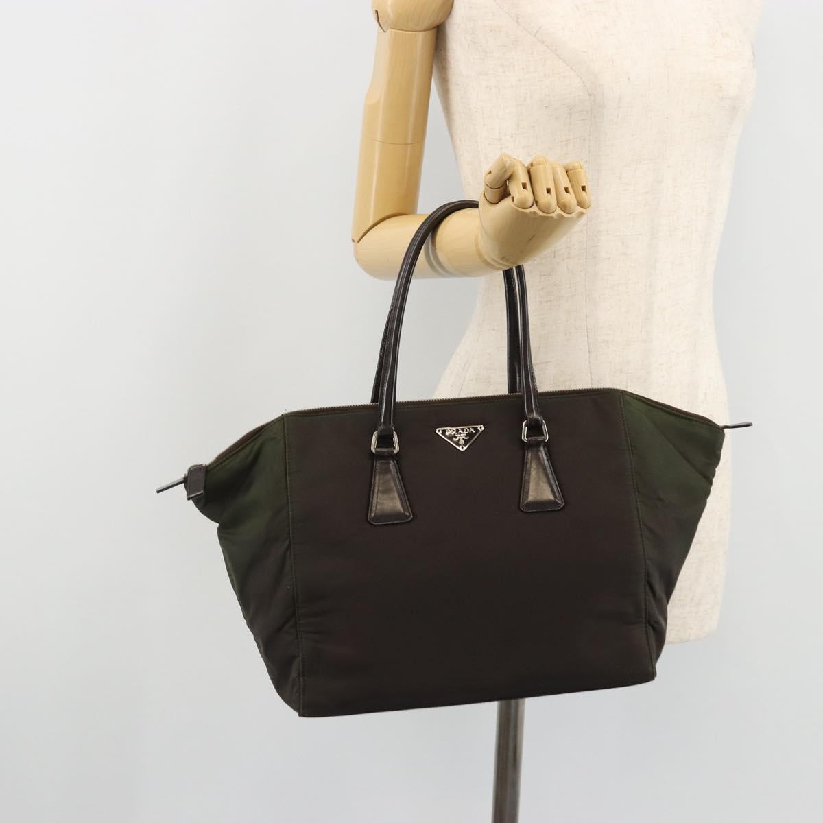 PRADA Hand Bag Nylon Brown Silver Auth ARZ881