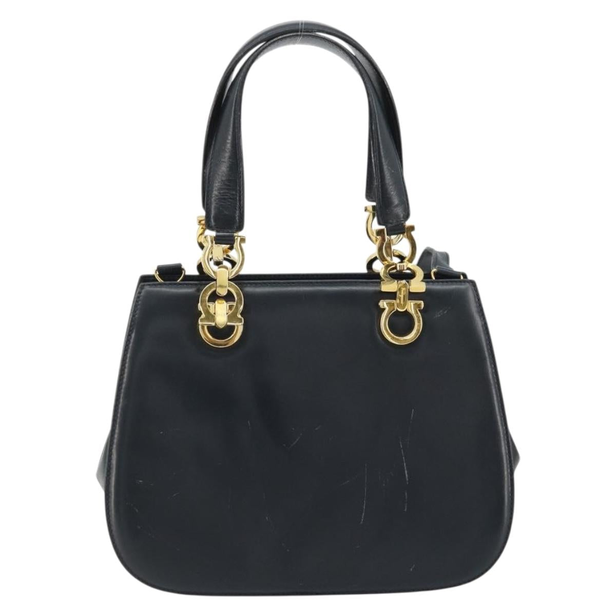 Salvatore Ferragamo Gancini Hand Bag Leather 2way Navy Gold Auth ARZ896