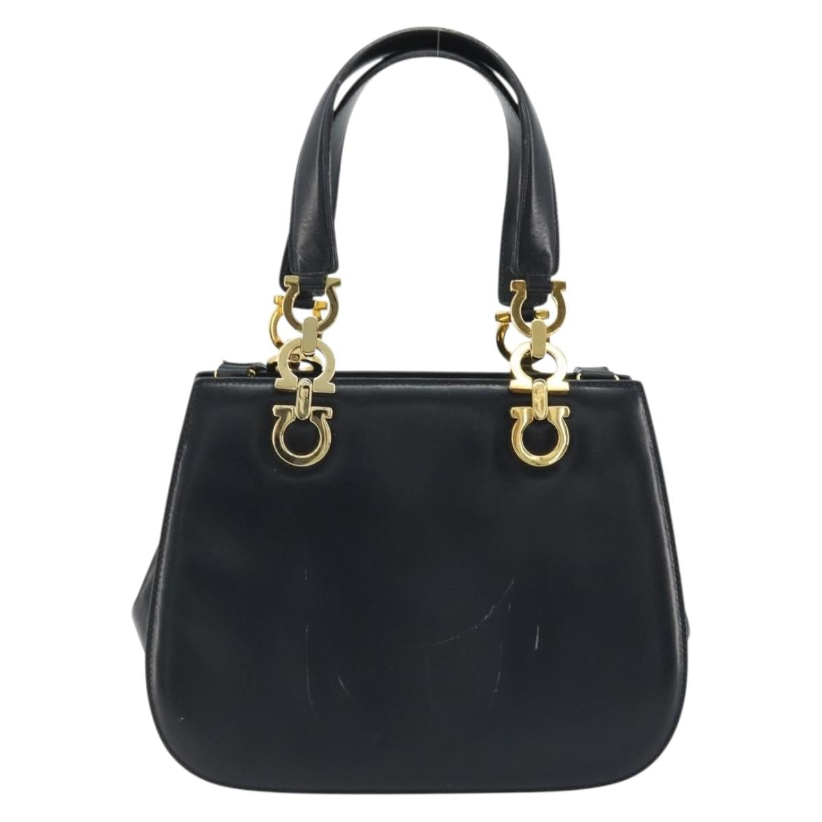 Salvatore Ferragamo Gancini Hand Bag Leather 2way Navy Gold Auth ARZ896