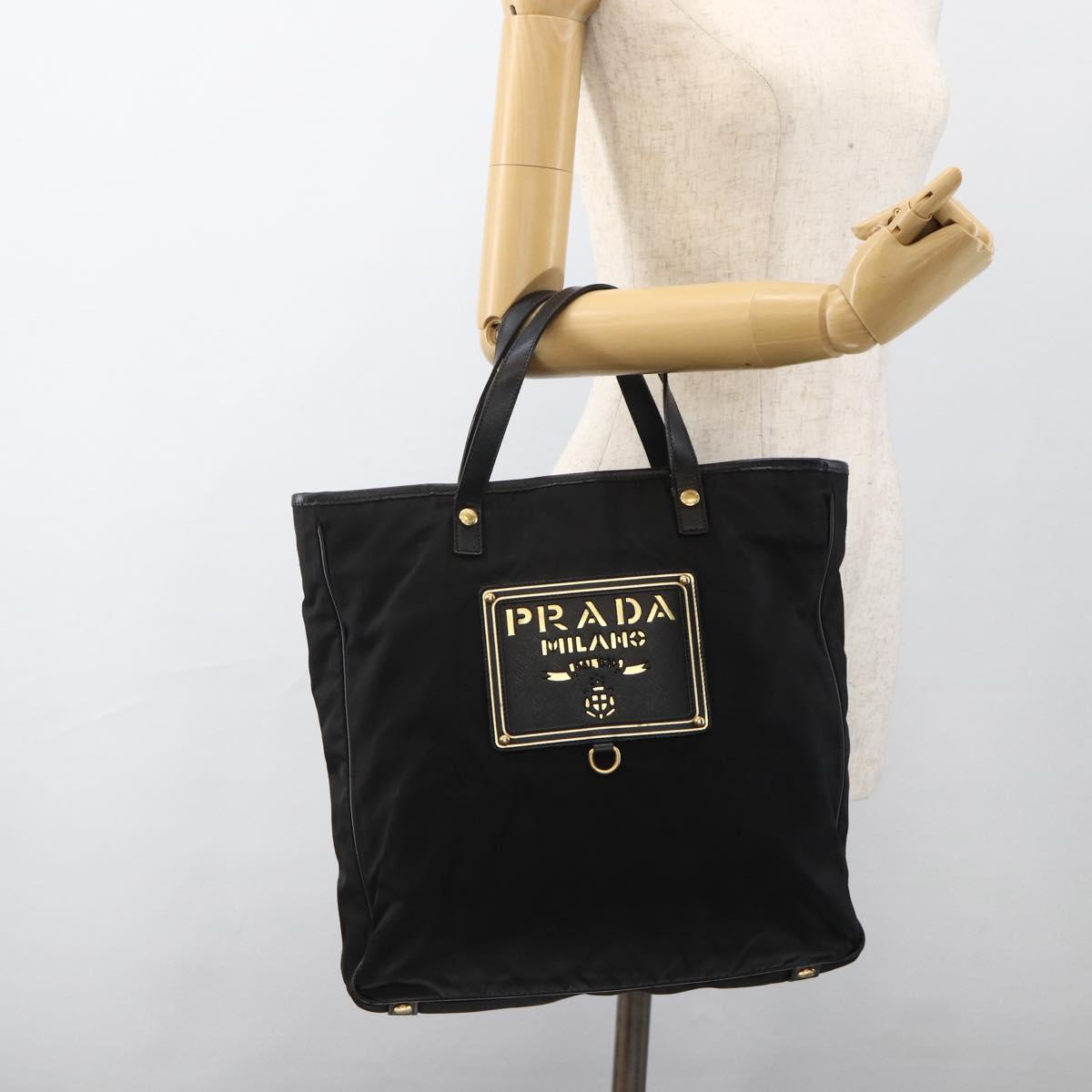 PRADA Hand Bag Nylon Black Gold Auth ARZ907