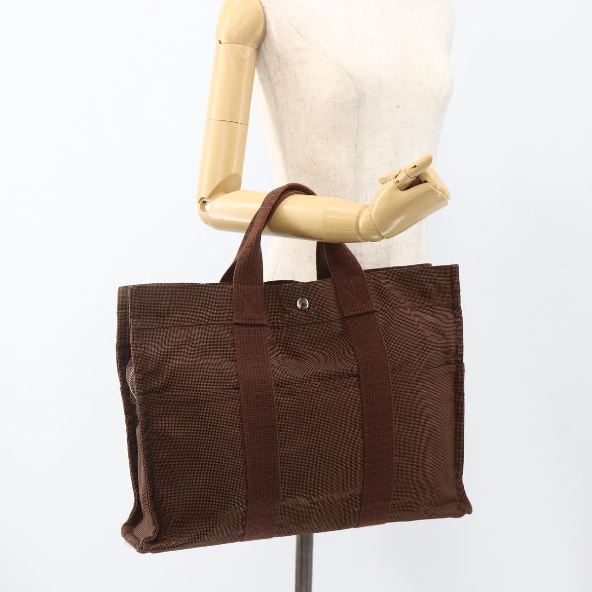HERMES Her Line MM Hand Bag Canvas Brown Silver Auth ARZ910