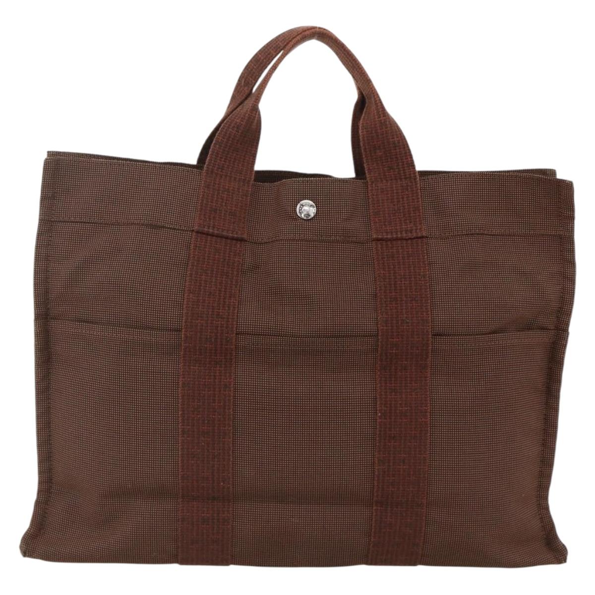 HERMES Her Line MM Hand Bag Canvas Brown Silver Auth ARZ910