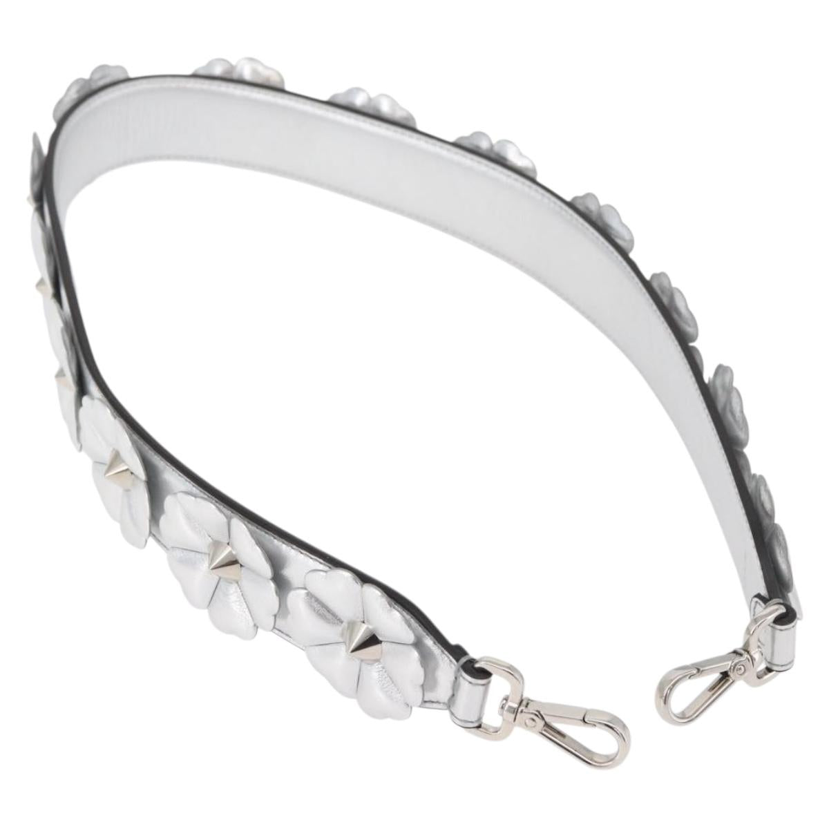 FENDI Shoulder Strap Leather 31.5"" Silver Auth ARZ919A
