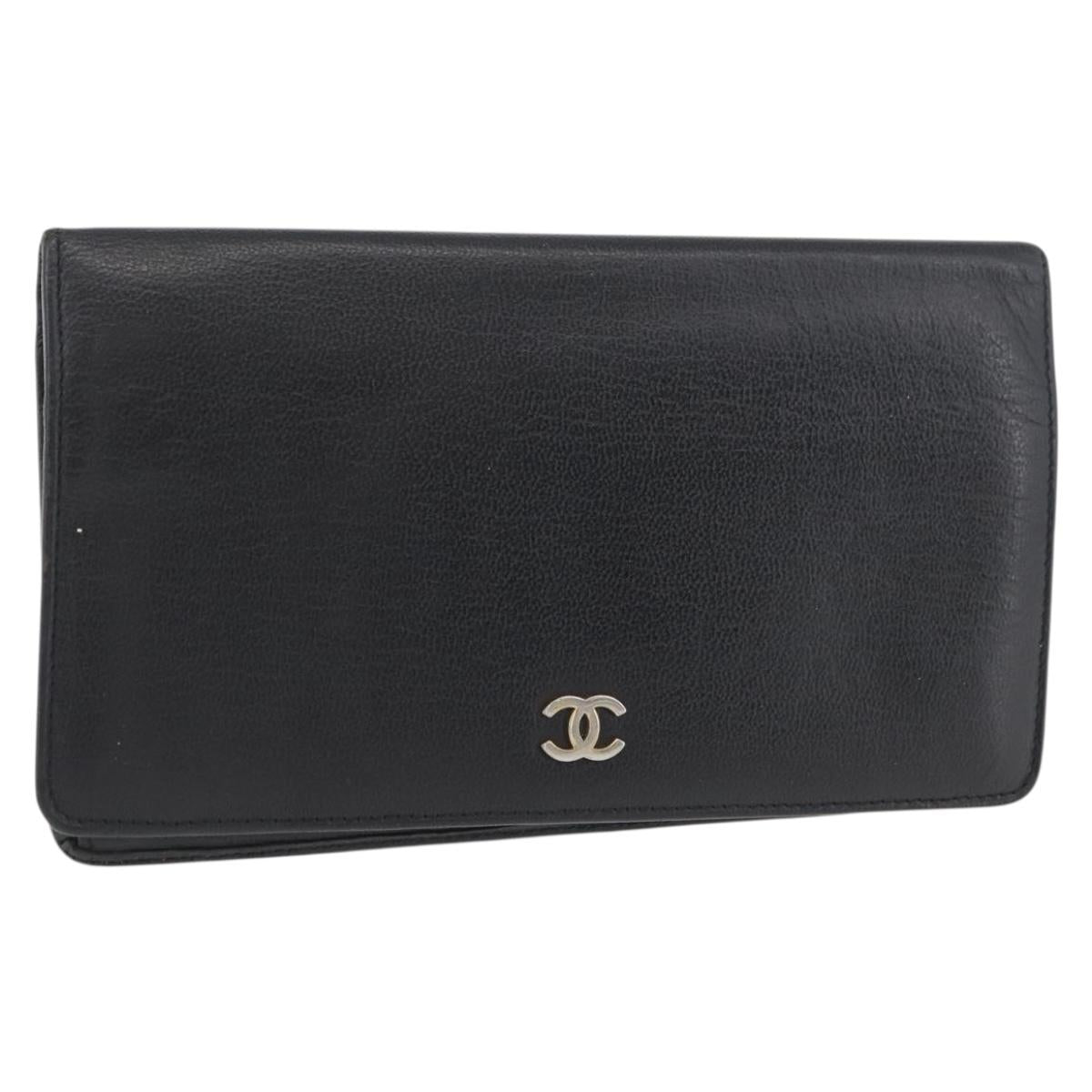 CHANEL COCO Mark Long Wallet Leather Black CC Auth ARZ921