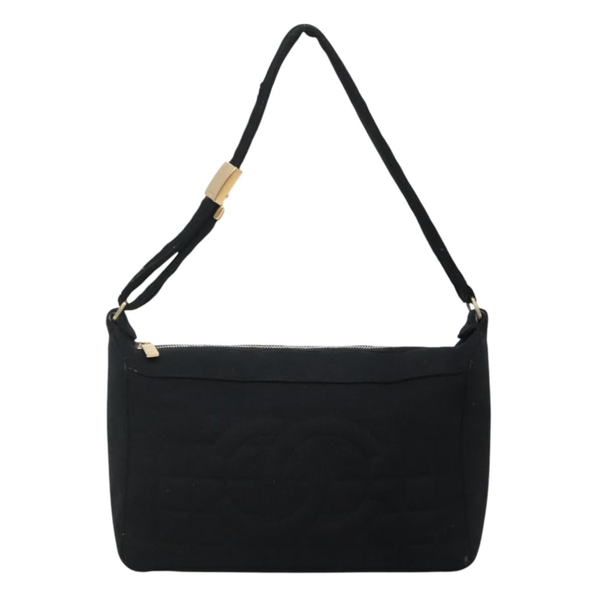 CHANEL Choco Bar line Shoulder Bag Canvas Black CC Auth BA034