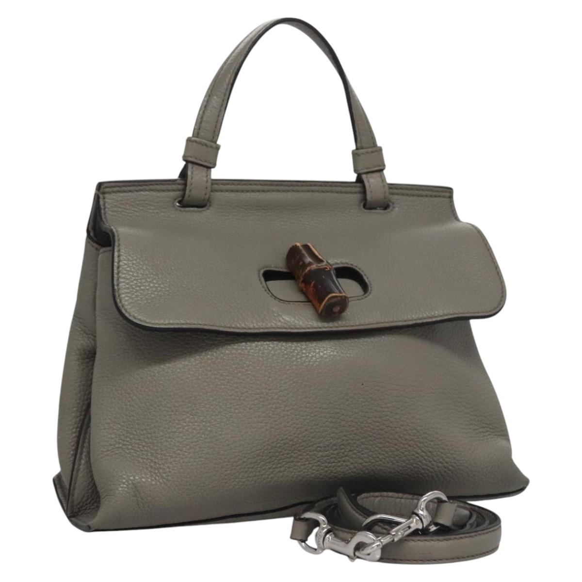 GUCCI Bamboo Hand Bag Leather 2way Gray 370831 Auth BA091