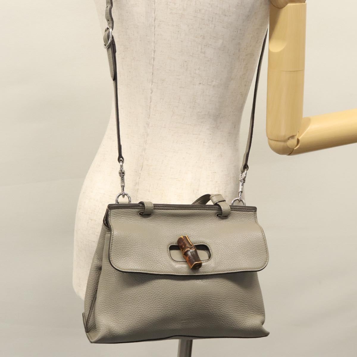 GUCCI Bamboo Hand Bag Leather 2way Gray 370831 Auth BA091