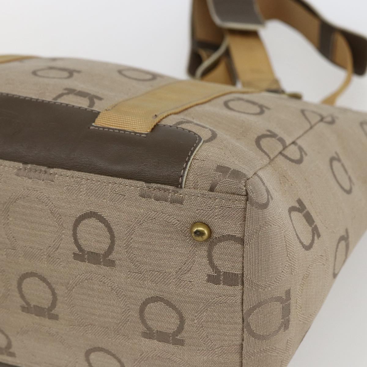 Salvatore Ferragamo Gancini Hand Bag Canvas Beige Gold Auth BA10007