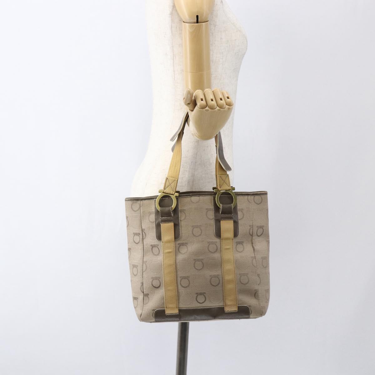 Salvatore Ferragamo Gancini Hand Bag Canvas Beige Gold Auth BA10007