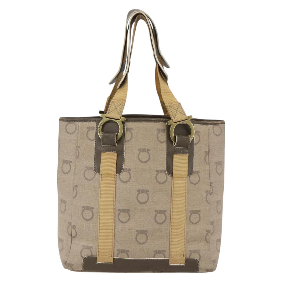 Salvatore Ferragamo Gancini Hand Bag Canvas Beige Gold Auth BA10007