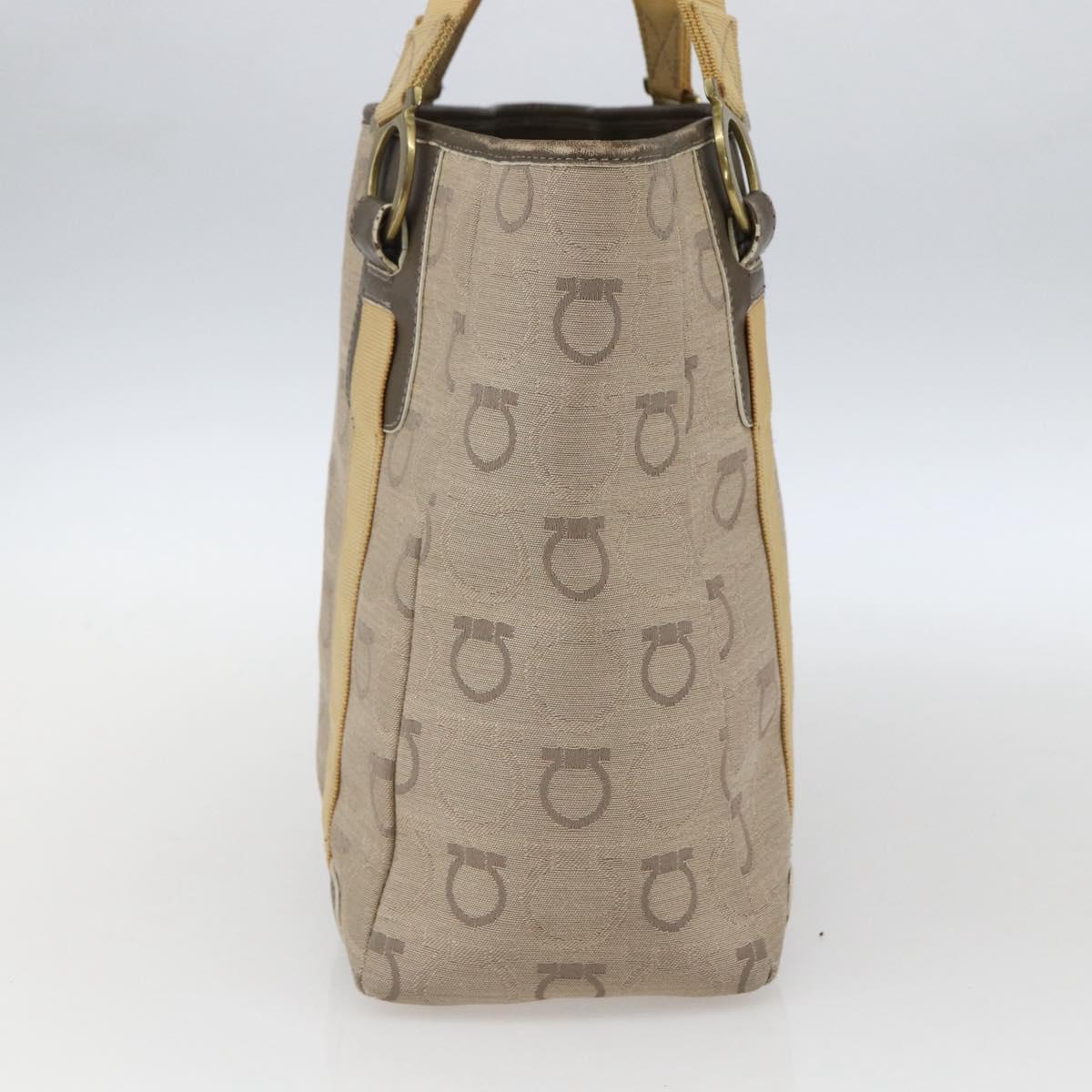 Salvatore Ferragamo Gancini Hand Bag Canvas Beige Gold Auth BA10007