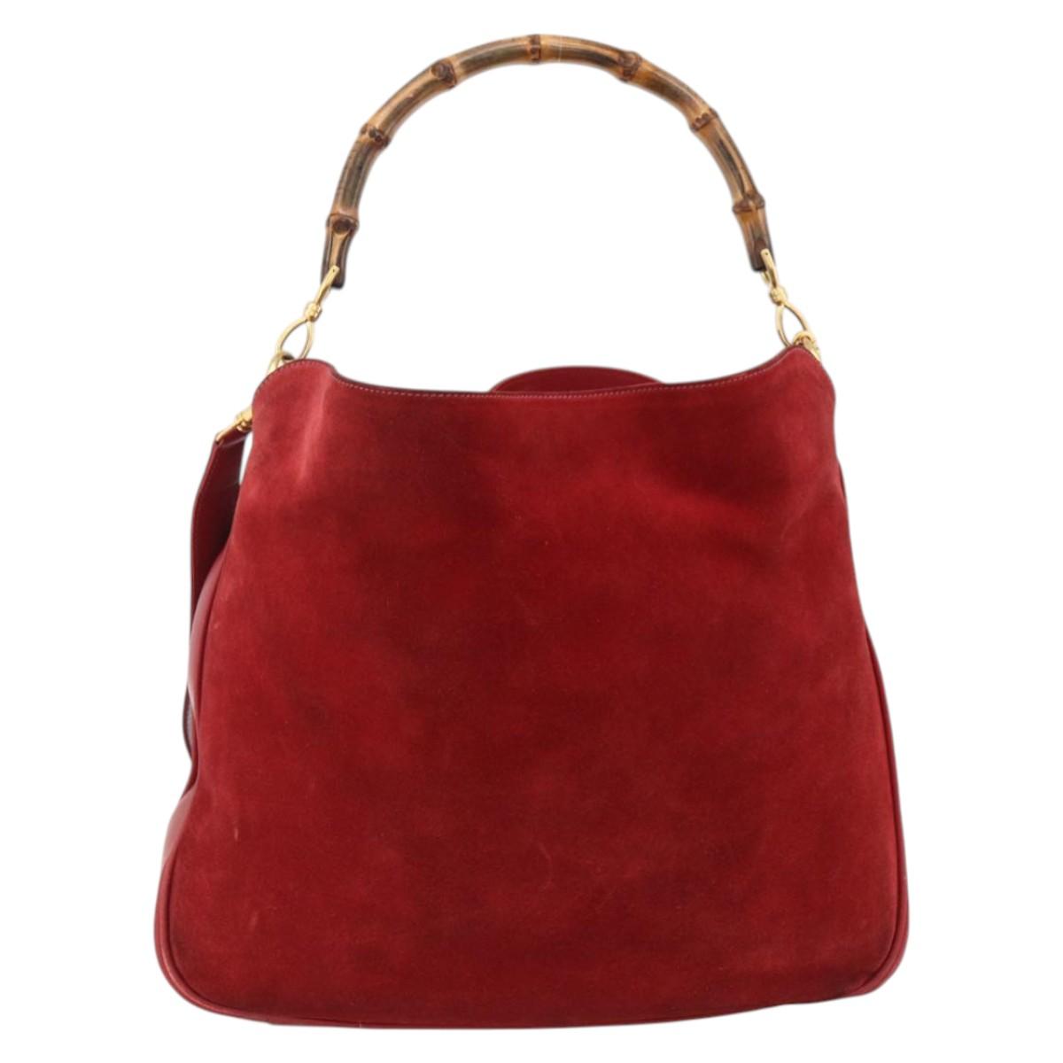 GUCCI Bamboo Shoulder Bag Suede 2way Red Gold 001 1577 2615 Auth BA10066