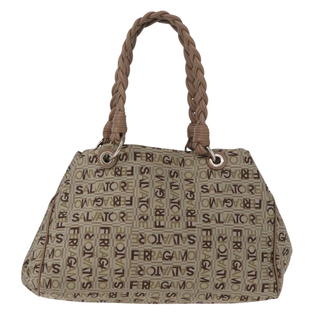 Salvatore Ferragamo Tote Bag Canvas Beige Gold Auth BA10067