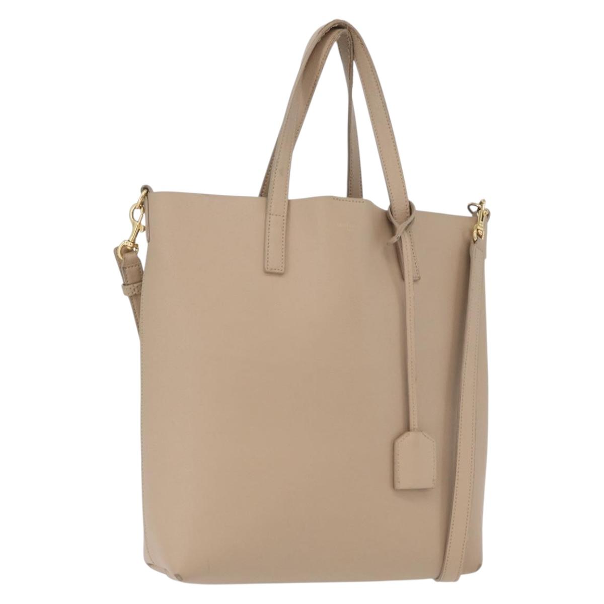 SAINT LAURENT Tote Bag Leather 2way Beige Gold Auth BA10070
