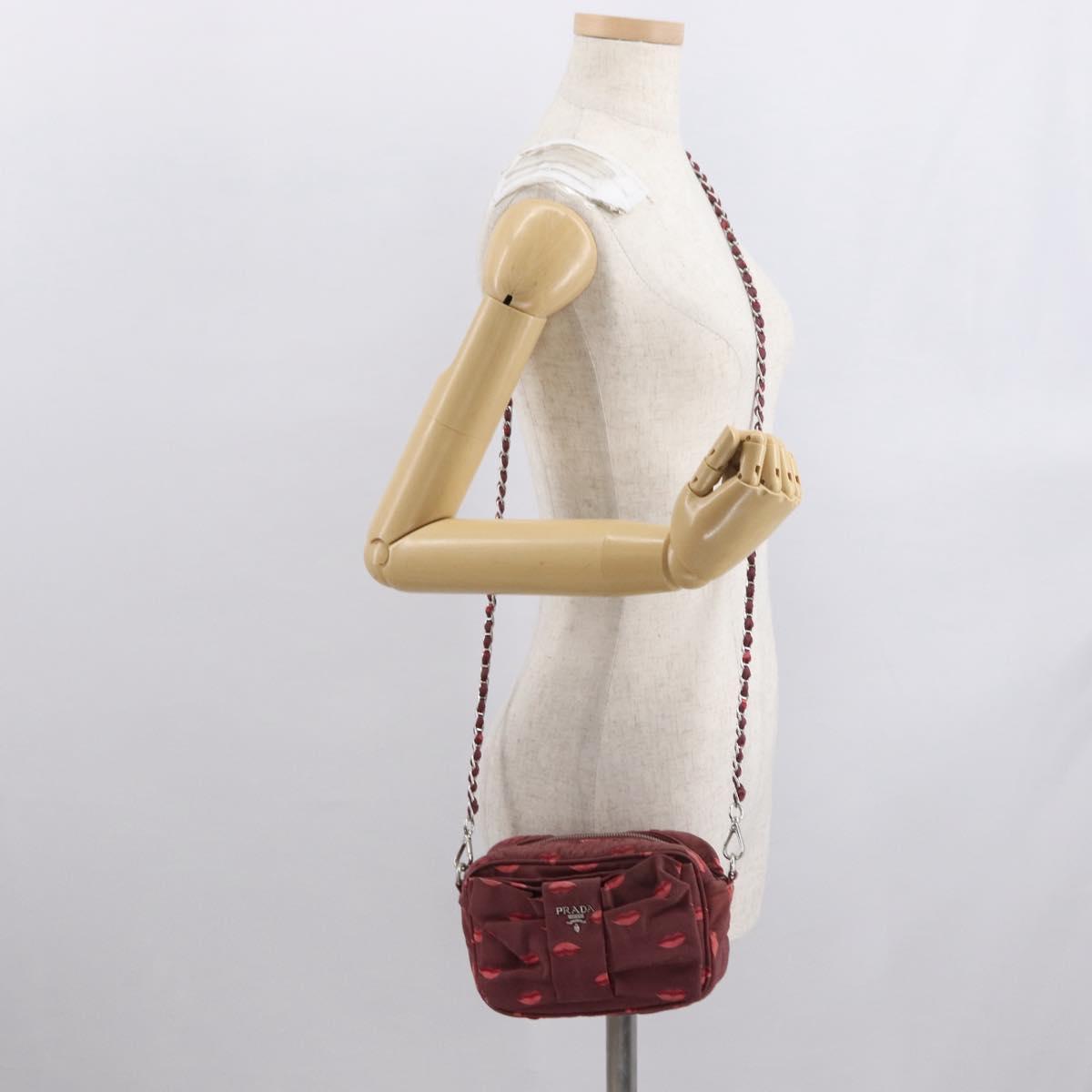 PRADA Chain Shoulder Bag Nylon Bordeaux Silver Auth BA10089