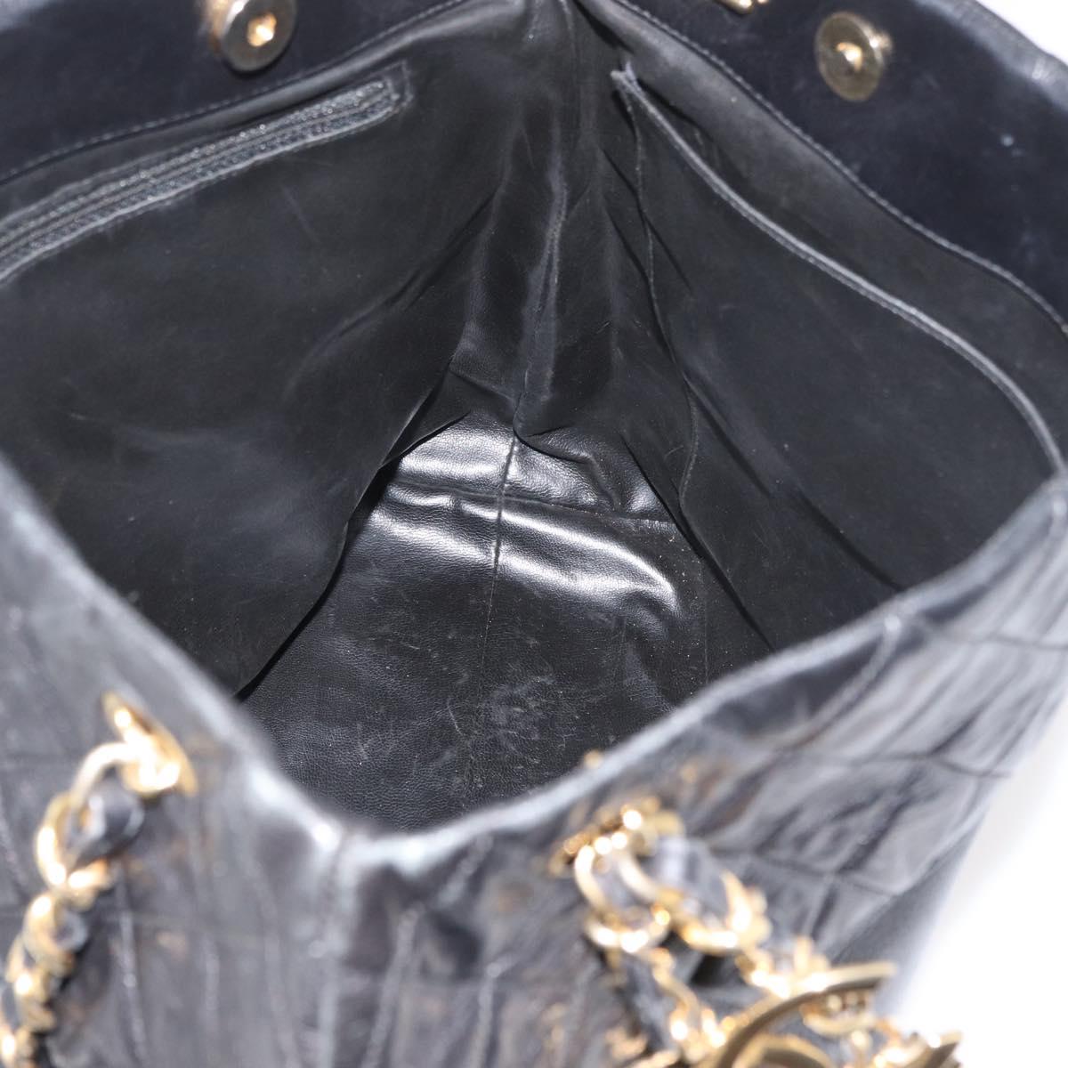 CHANEL Chain Tote Bag Leather Black Gold CC Auth BA10091