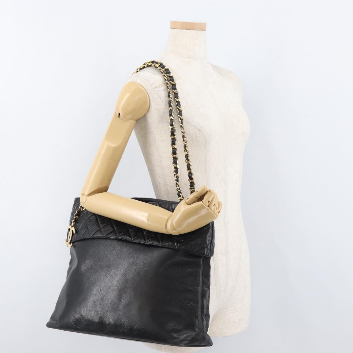 CHANEL Chain Tote Bag Leather Black Gold CC Auth BA10091
