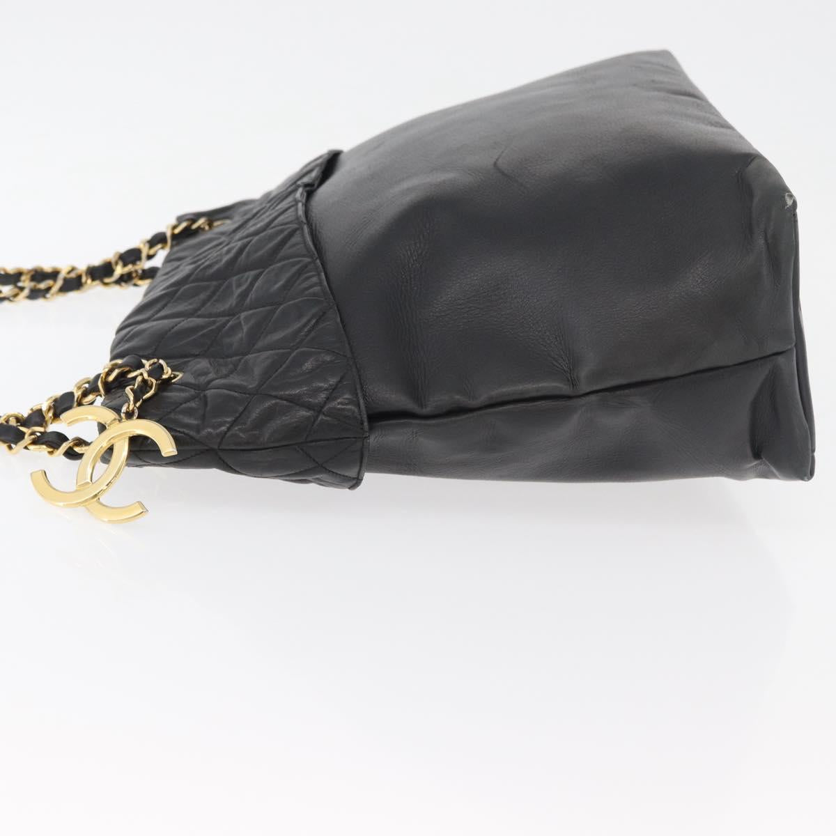 CHANEL Chain Tote Bag Leather Black Gold CC Auth BA10091