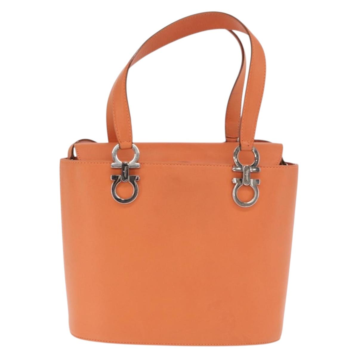 Salvatore Ferragamo Gancini Hand Bag Leather 2way Orange Silver Auth BA10110