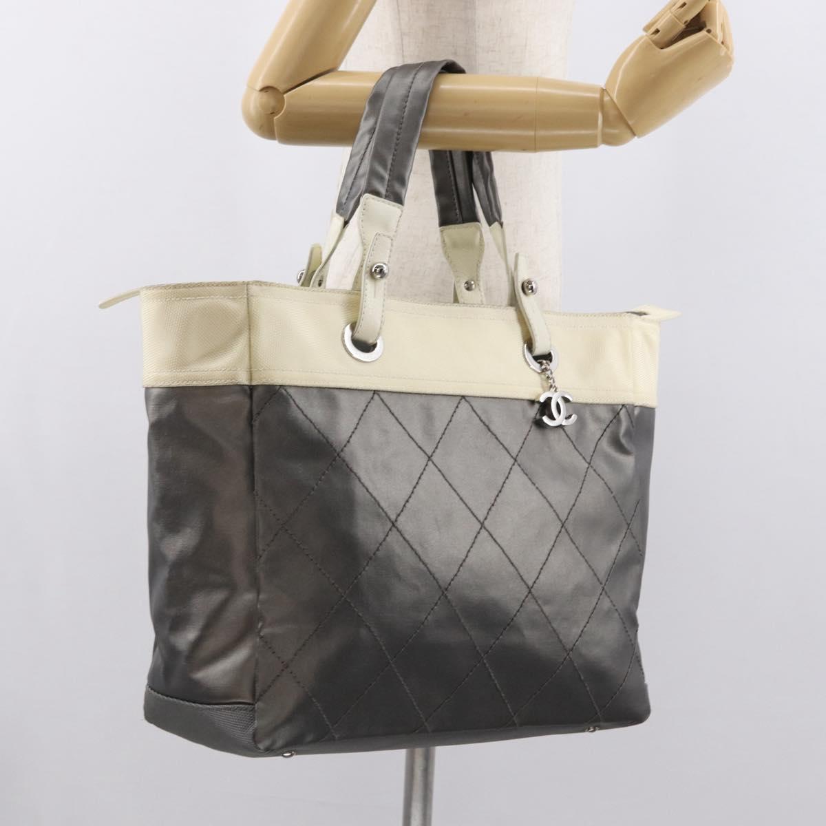 CHANEL Paris Biarritz GM Tote Bag Nylon Silver CC Auth BA10114