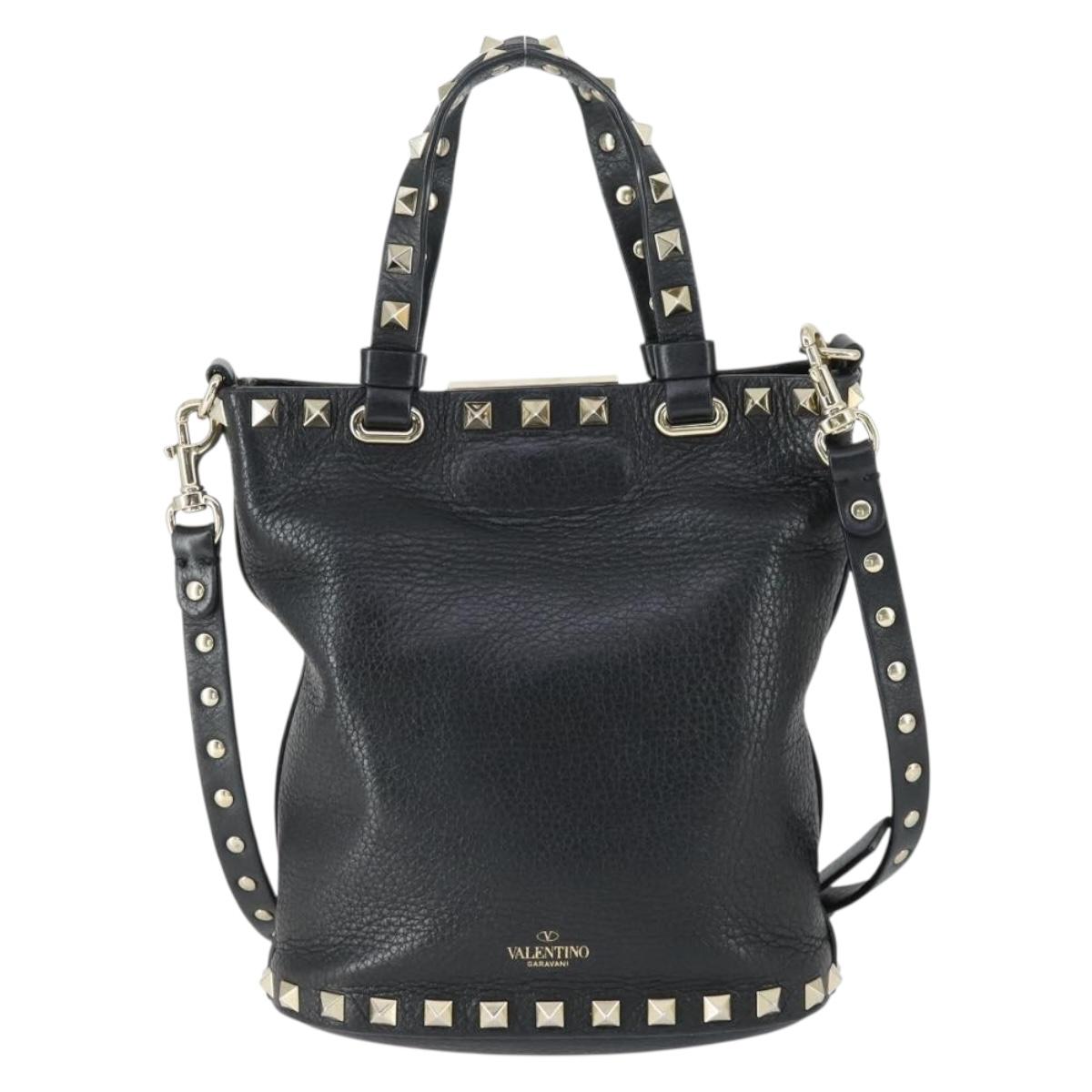 VALENTINO Hand Bag Leather 2way Black Gold Auth BA10121