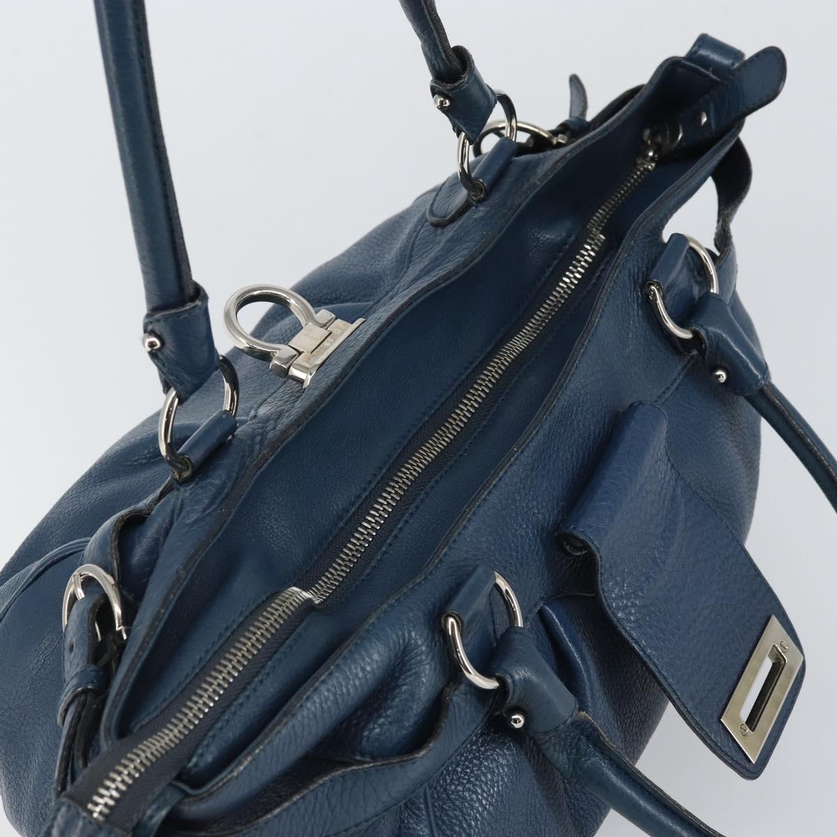 Salvatore Ferragamo Gancini Hand Bag Leather Blue Silver Auth BA10123