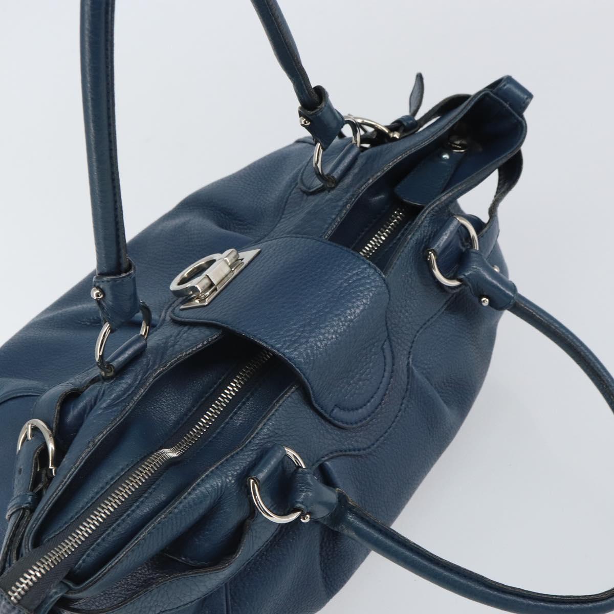 Salvatore Ferragamo Gancini Hand Bag Leather Blue Silver Auth BA10123