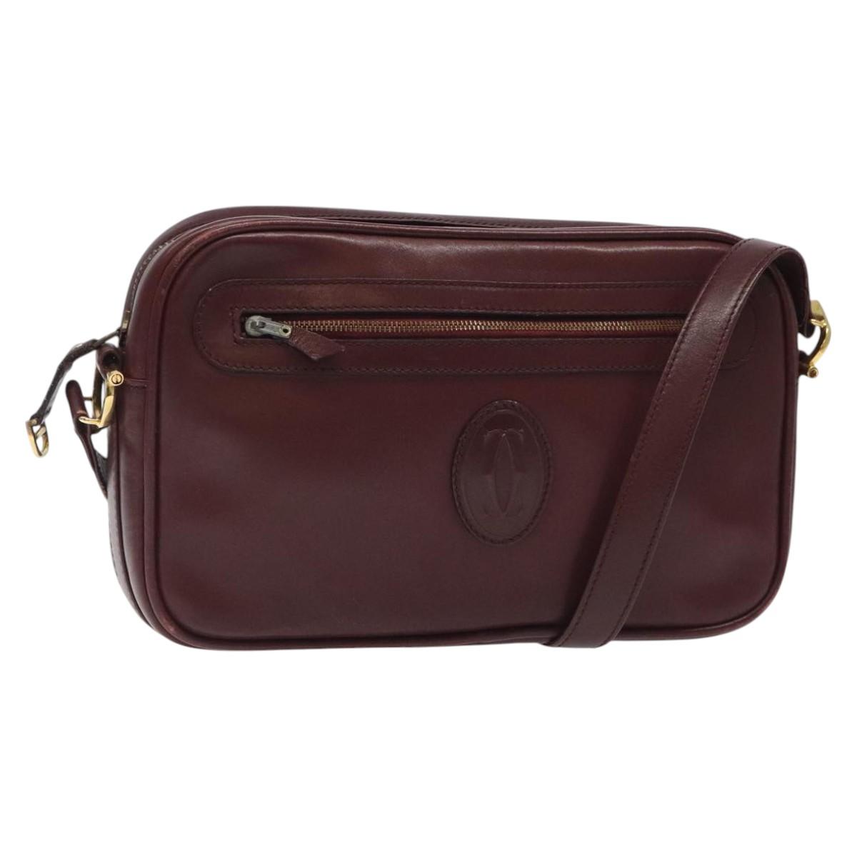 CARTIER Must Line Shoulder Bag Leather Wine Red Gold Auth BA1020