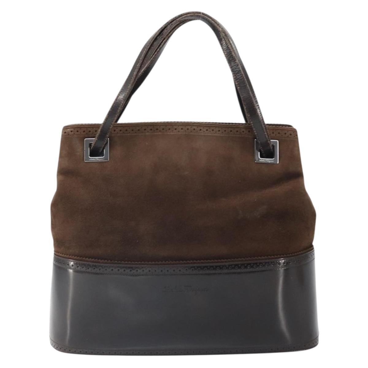 Salvatore Ferragamo Hand Bag Suede Brown Silver Auth BA10230