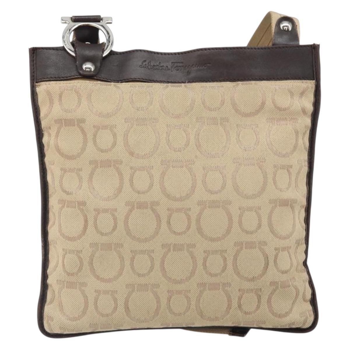 Salvatore Ferragamo Shoulder Bag Canvas Beige Silver Auth BA10248