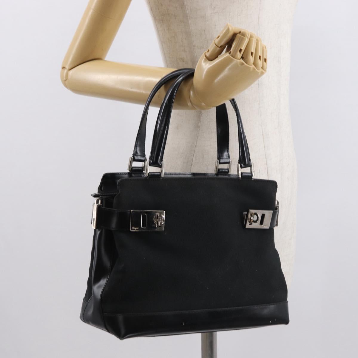 Salvatore Ferragamo Gancini Hand Bag Canvas Black Silver Auth BA10253