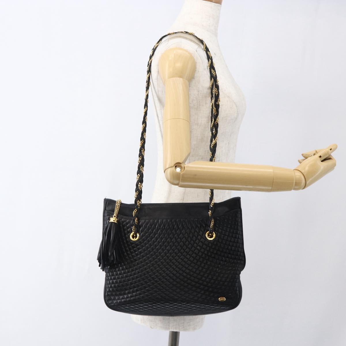 BALLY Chain Shoulder Bag Leather Gold Black Auth BA10264
