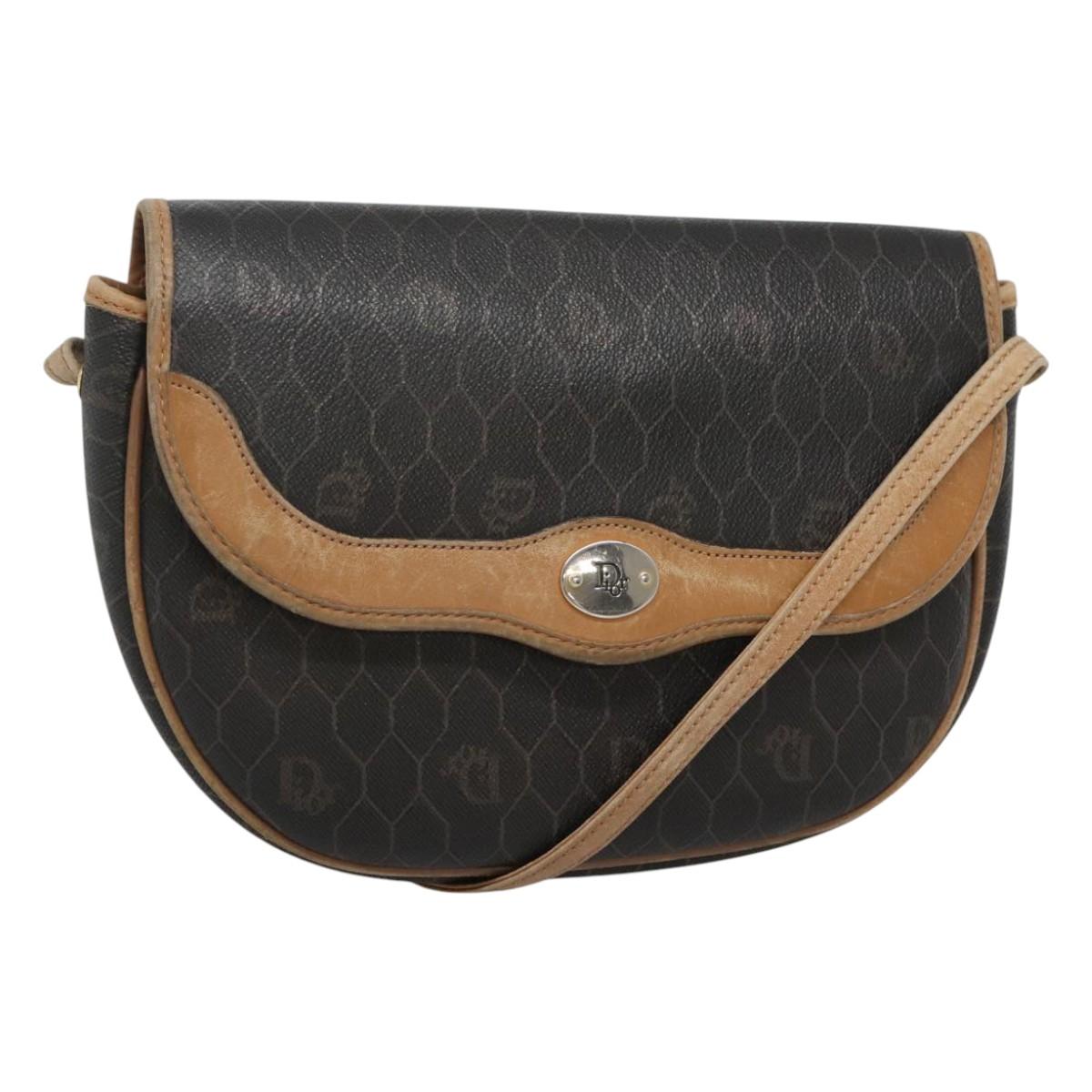 Christian Dior Honeycomb Canvas Shoulder Bag PVC Black Brown gold Auth BA1028