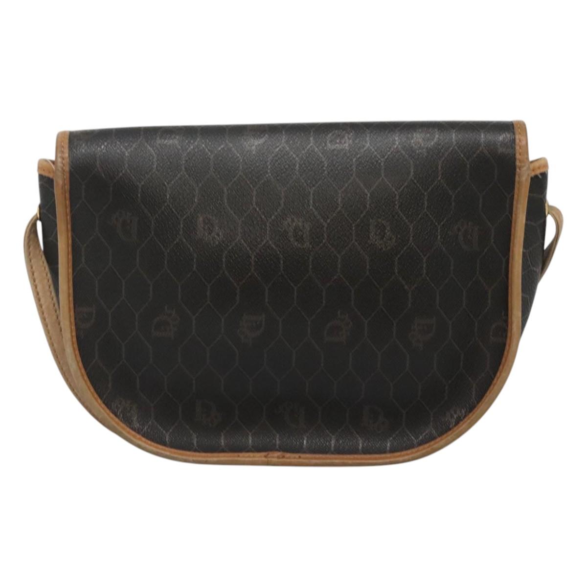 Christian Dior Honeycomb Canvas Shoulder Bag PVC Black Brown gold Auth BA1028