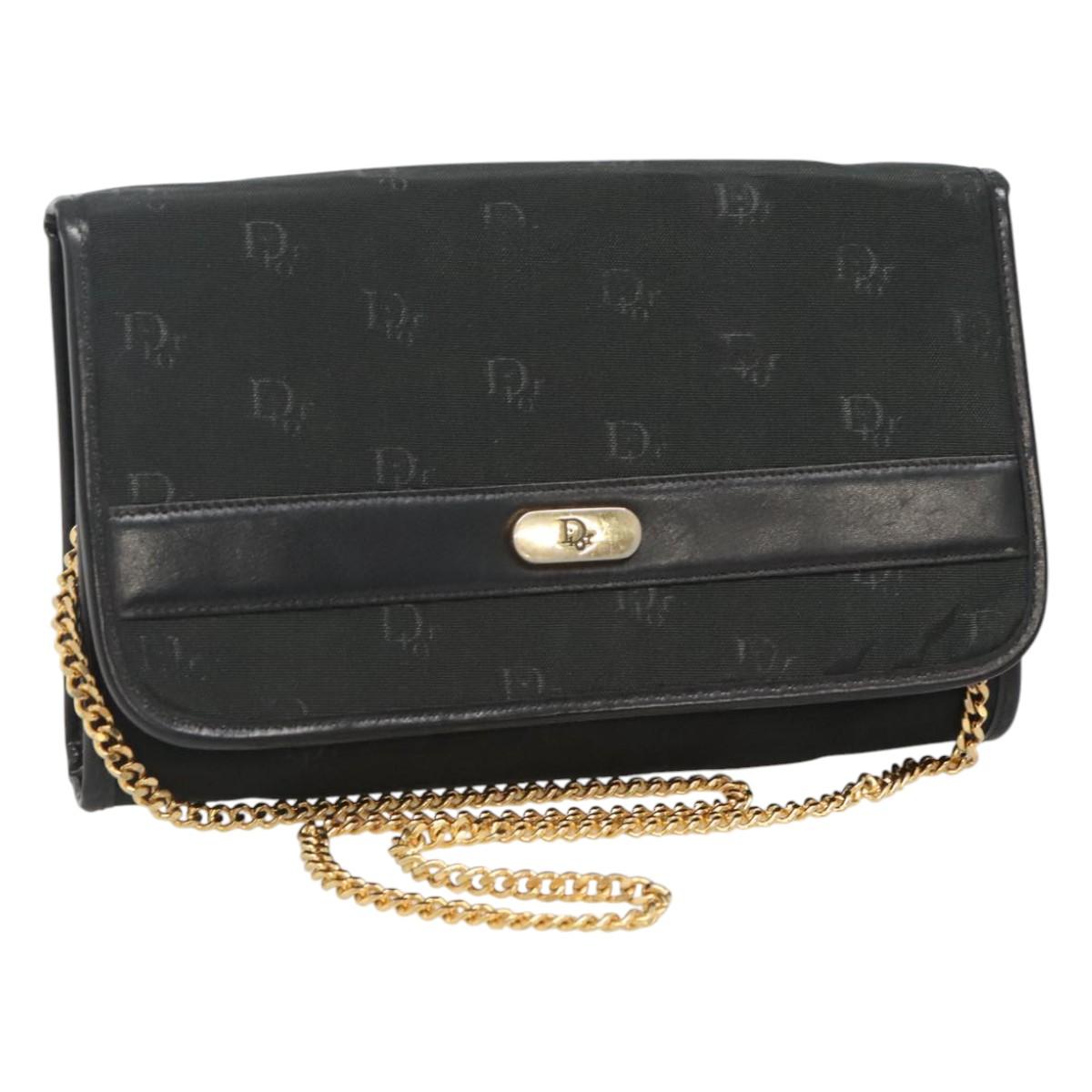 Christian Dior Chain Shoulder Bag Canvas Black Gold Auth BA1029