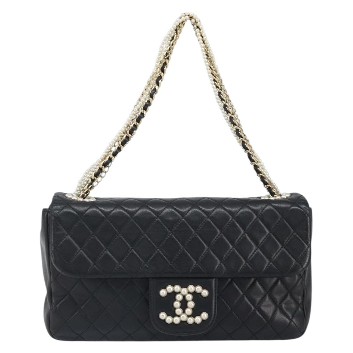 CHANEL Matelasse Chain Hand Bag Lamb Skin Black Gold CC Auth BA10326SM