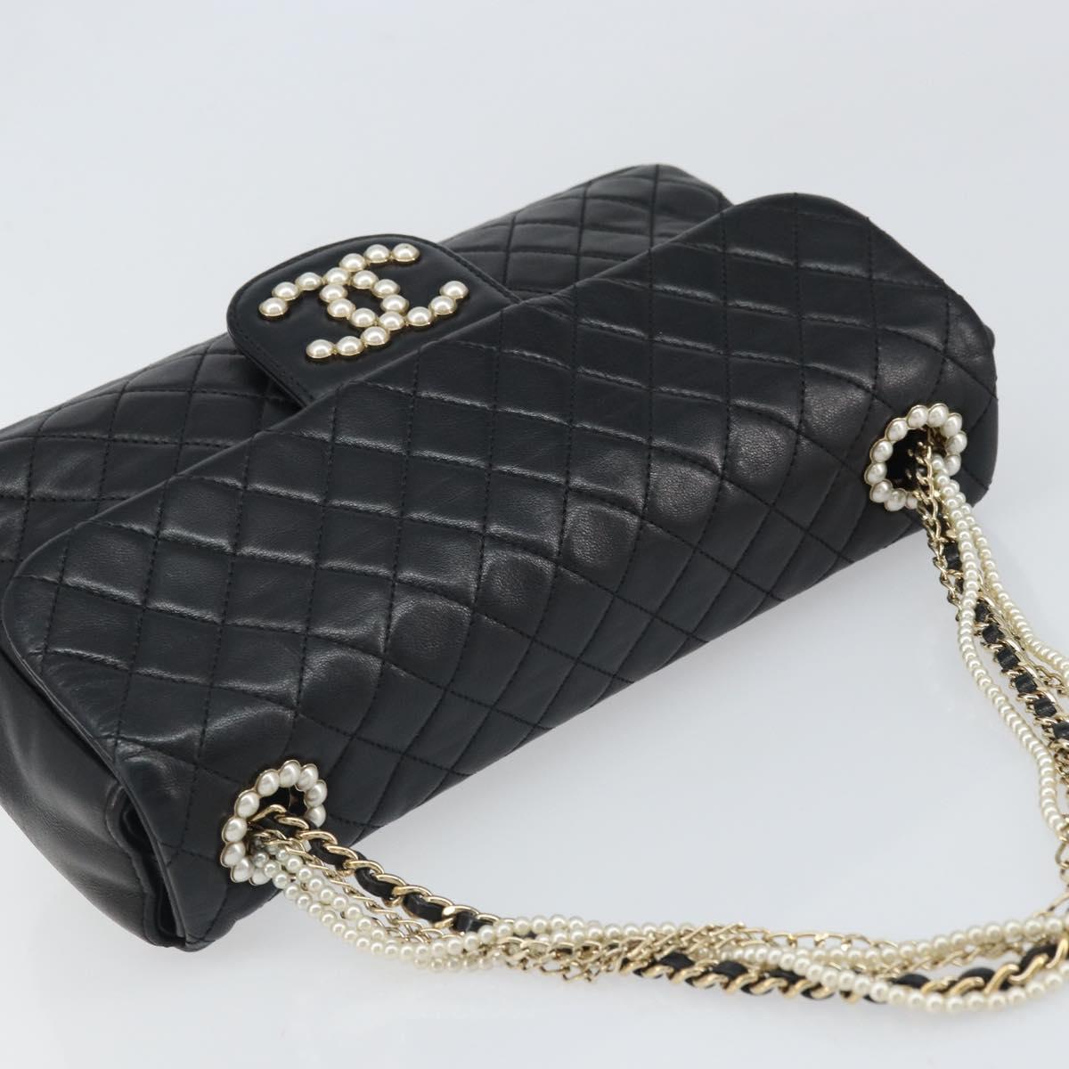 CHANEL Matelasse Chain Hand Bag Lamb Skin Black Gold CC Auth BA10326SM