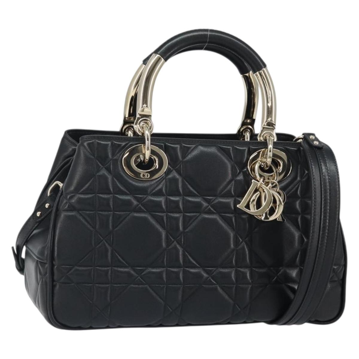 Christian Dior Lady Dior Hand Bag Leather 2way Black Gold Auth BA10329SM