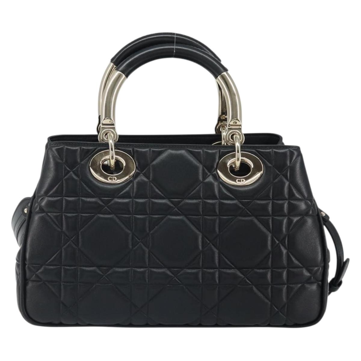 Christian Dior Lady Dior Hand Bag Leather 2way Black Gold Auth BA10329SM