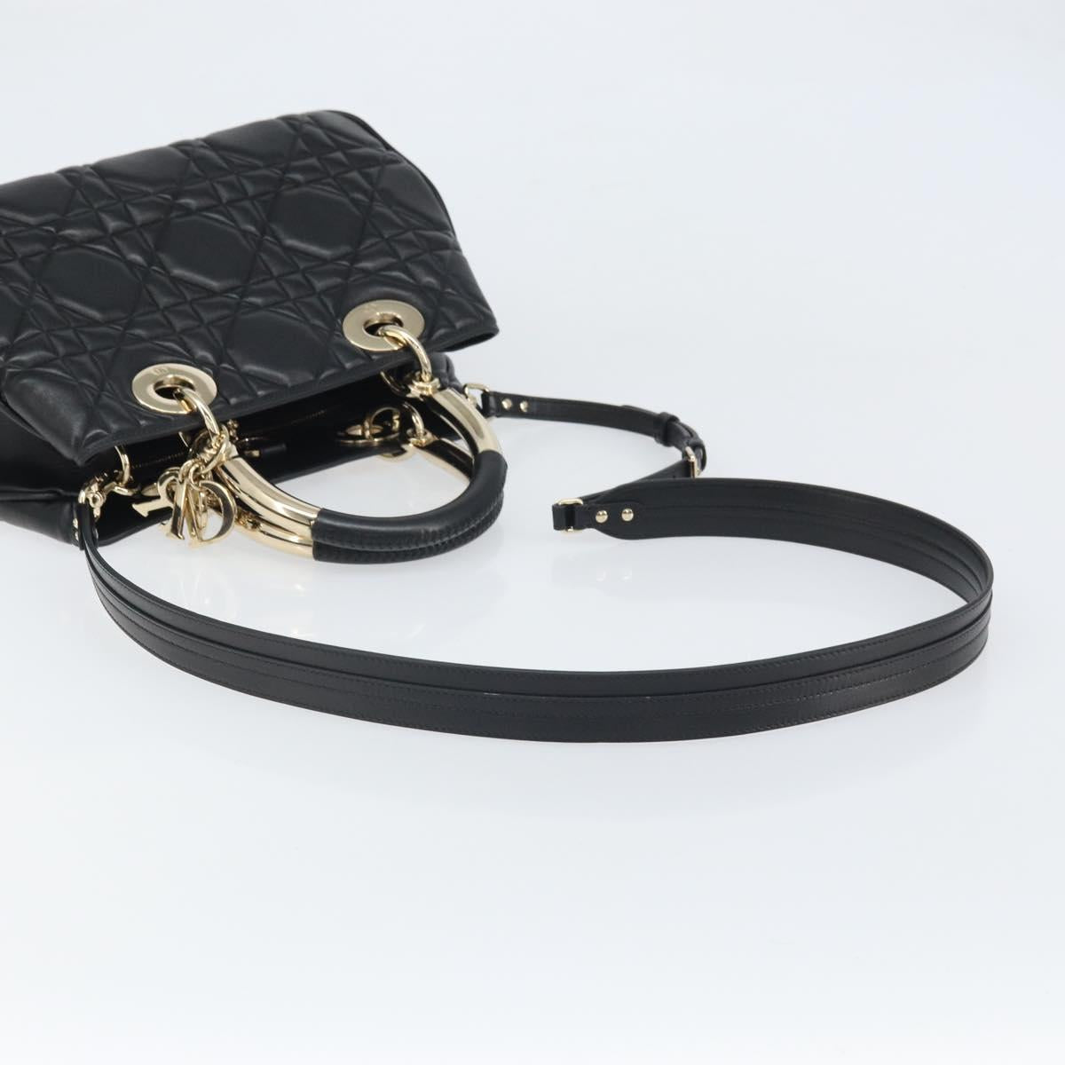 Christian Dior Lady Dior Hand Bag Leather 2way Black Gold Auth BA10329SM