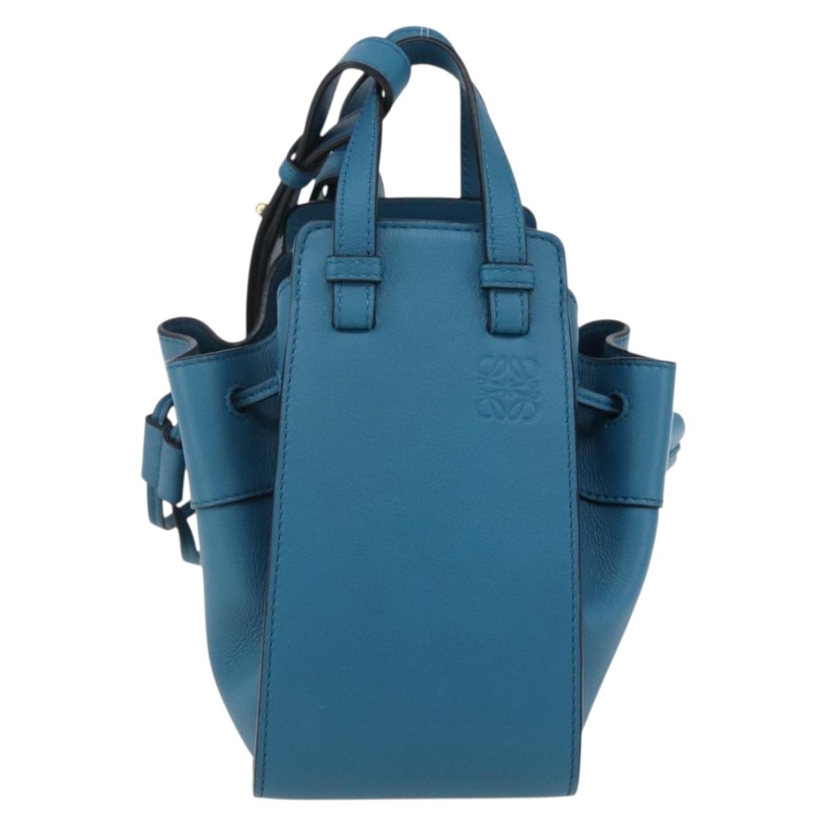 LOEWE Anagram Hammock Drawstring Mini Bag Leather Blue Gold Auth BA10330SM
