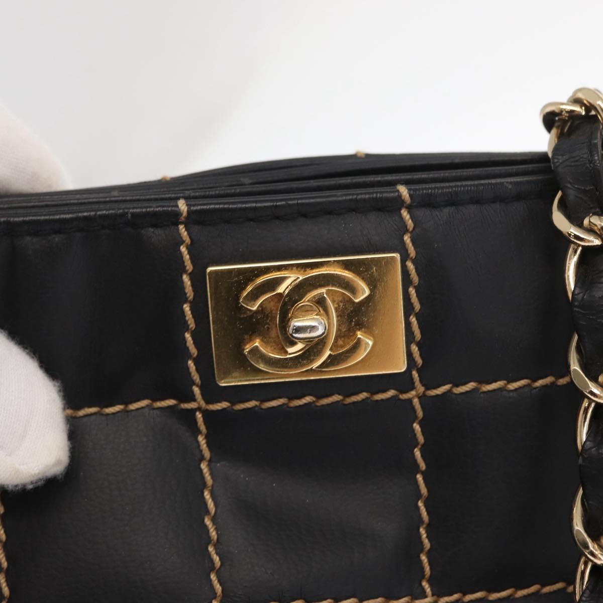 CHANEL Choco Bar Chain Hand Bag Leather Black Gold CC Auth BA10362