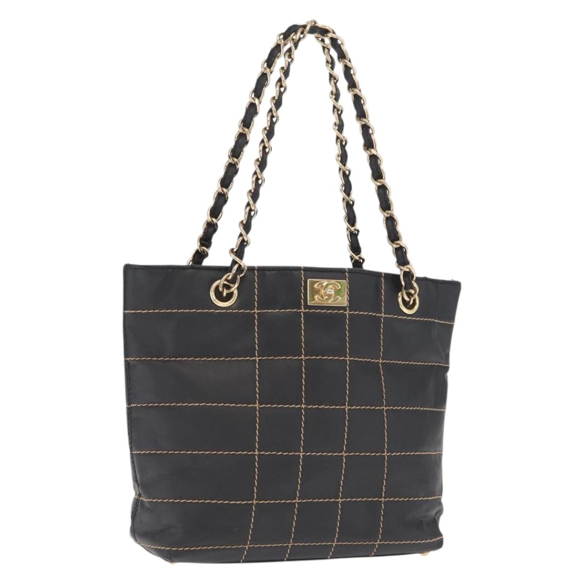 CHANEL Choco Bar Chain Hand Bag Leather Black Gold CC Auth BA10362