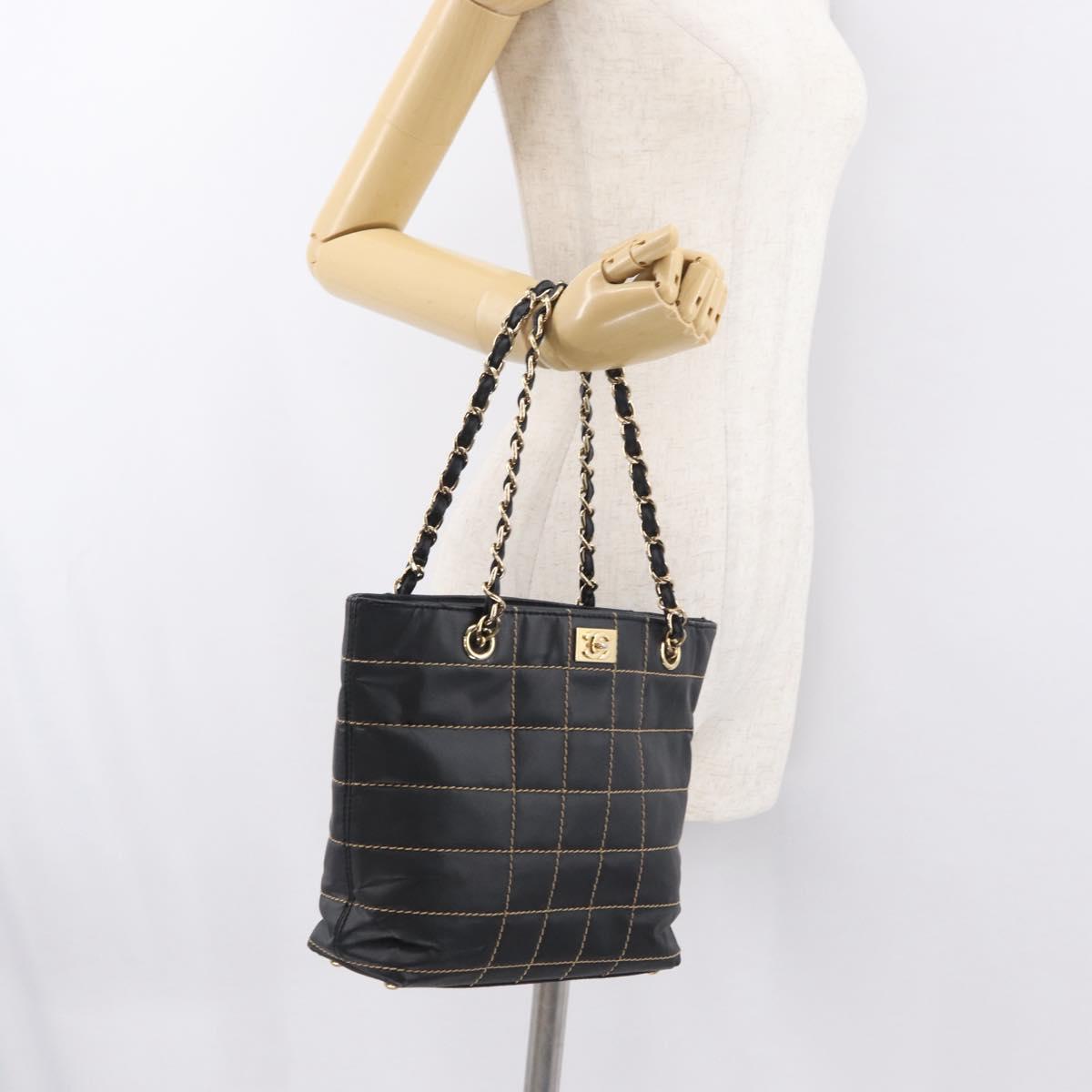 CHANEL Choco Bar Chain Hand Bag Leather Black Gold CC Auth BA10362