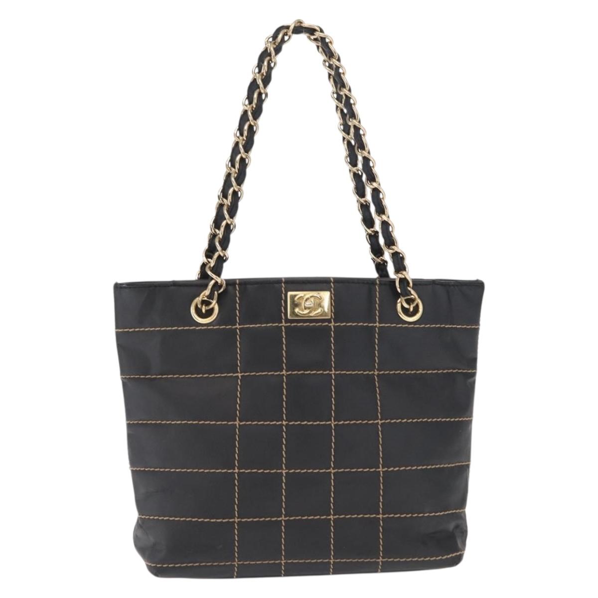 CHANEL Choco Bar Chain Hand Bag Leather Black Gold CC Auth BA10362