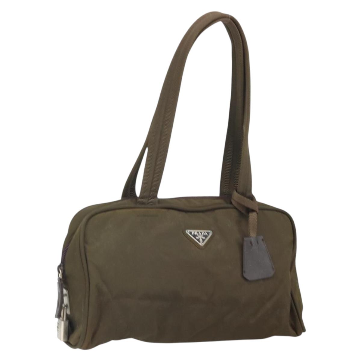 PRADA Hand Bag Nylon Khaki Silver Auth BA10374