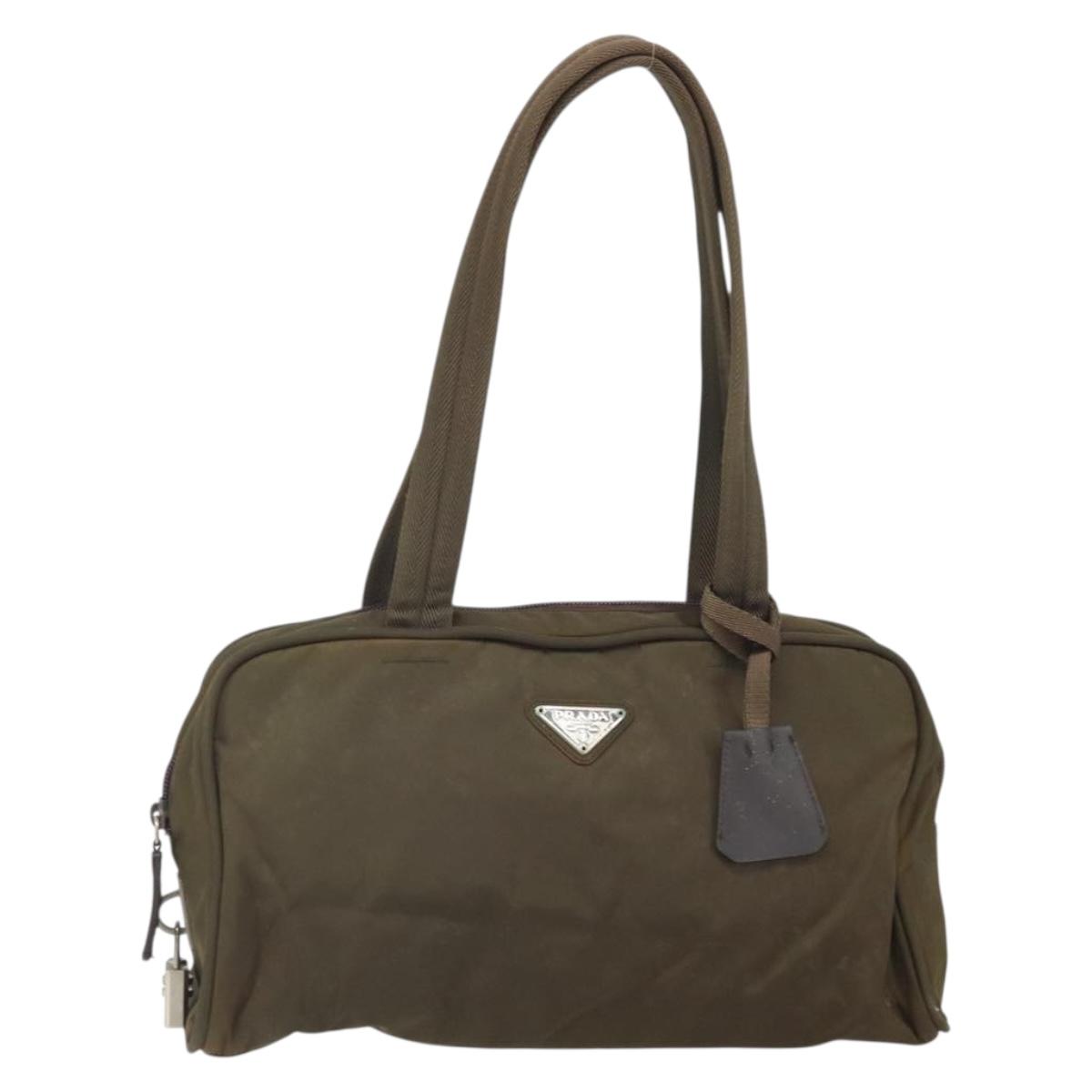 PRADA Hand Bag Nylon Khaki Silver Auth BA10374
